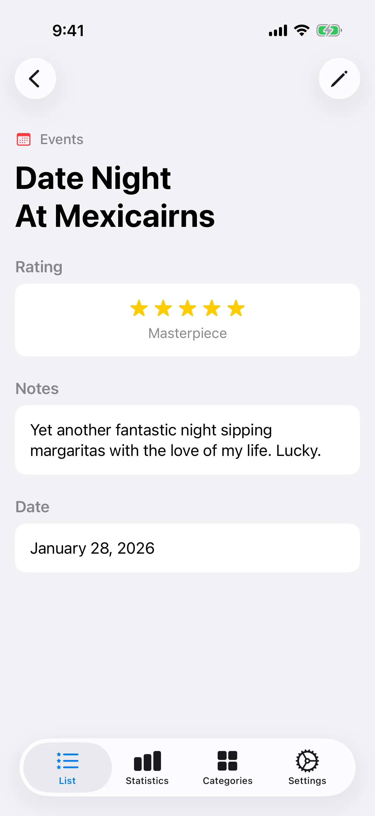 Item detail view with rating and notes