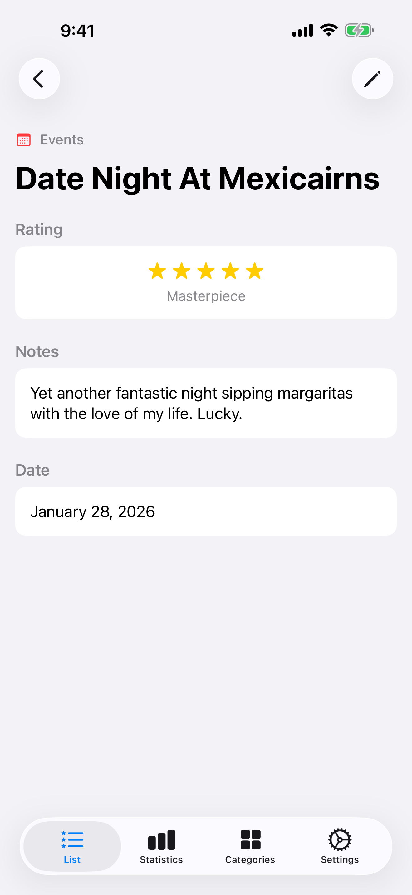 Item detail view with rating and notes